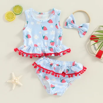 Geagodelia Toddler Girls Summer Bikini Set Strawberry Flower Print Tank Tops su šortais ir galvos juostos maudymosi kostiumėliu