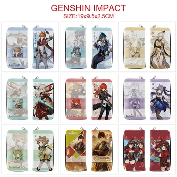 Genshin Impact PU Ilga piniginė Atsitiktinis Zip kreditinių kortelių monetų laikikliai Sluoksniai Animacinių filmų spausdinimas Odinė piniginė Unisex Studentų rankinė