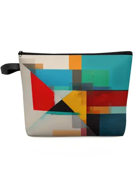 Geometrinių spalvų blokų linija Didelės talpos kelioninis kosmetikos krepšys nešiojamas makiažo laikymo maišelis Moterims vandeniui atsparus pieštukų dėklas