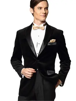 Geriausi vyriški juodo aksomo paltai Smokingai jaunikiams Kostiumai Pagal užsakymą pagaminti 2Pc Blazer kelnės Vestuvinių kostiumų komplektai (Švarkas+Juodos kelnės+Kaklaraištis)