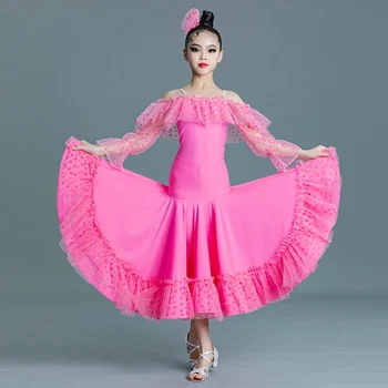 Girls Off-Shoulder Ballroom Dance Dress 3 Colors Waltz Dancing Clothes Puff Sleeve Tango Standard Dance Practice Wear VDB6645