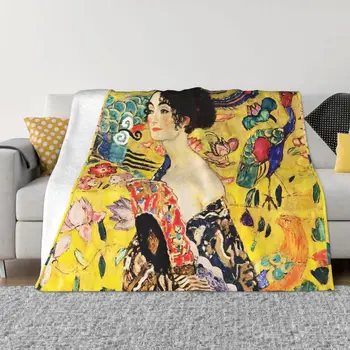 Gustav Klimt antklodė Flanelinė dama su ventiliatoriumi jauki minkšta FLeece lovatiesė