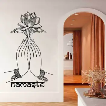 Gėlė rankoje Sienos lipdukas Lotus Yoga Namaste India lipdukas Vinyl Boho Wind Decal Yoga Studio Namų interjero sienų apdailaYJ27