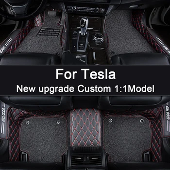 Individualūs dvisluoksniai odiniai automobilių grindų kilimėliai Tesla Model 3 Model Y Model X Auto Carpet automobilių aksesuarams