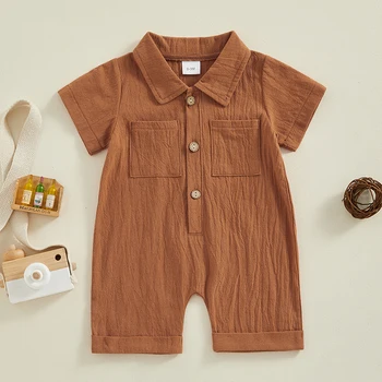Infant Baby Boy Summer Romper Medvilninis lininis kombinezonas Atlapas Trumpomis rankovėmis Priekinių sagų apranga Smėlinukų drabužiai naujagimiams