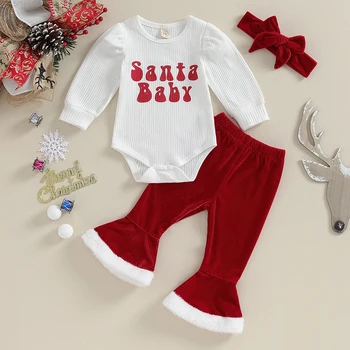 Infant Baby Girl Christmas Clothes Letter Print Long Puff Sleeve Romper Velvet Flare Pants Headband
