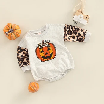 Infant Baby Girls Halloween Romper Pumpkin Leopard Print Kombinezonai ilgomis rankovėmis Pavasario rudens apvalaus kaklo kombinezonai Drabužiai