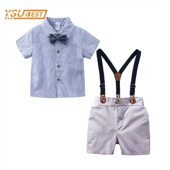 Infant Boys Drabužių komplektas Kids Baby Boys Stripe Bow Tie Shirt + Straps Shorts Shorts 3vnt Gentleman Toddler Drabužiai