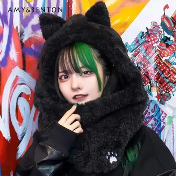 Japonų gotikinė miela siuvinėta katės ausis Pliušinės kepurės moterims Žiema Naujas sutirštinimas Laikykite šiltą Y2K gatvės minkšta skrybėlė + šalikas su gobtuvu
