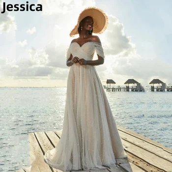 Jessica Glitter Pearl Tiulio vestuvinė suknelė Seksualios suknelės nuo peties Prom suknelės 2024Vestidos De Fiesta Oficialios vestuvinės suknelės