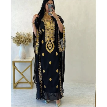 Juoda etninė Maroko stilinga Kaftan puošni grindų ilgis Elegantiškos vakarėlių aprangos suknelės