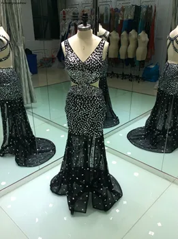 Juodos spalvos ilga vakarinė suknelė Naujo dizaino seksualūs kristalai karoliukais puošta vakarėlio suknelė pagal užsakymą pagaminta plius dydis