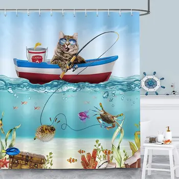 Juokinga kačių dušo užuolaida Kačių žvejyba jūroje Mielos dekoratyvinės vonios užuolaidos Poliesterio audinys Vonios kambario užuolaidų komplektas su kabliukais