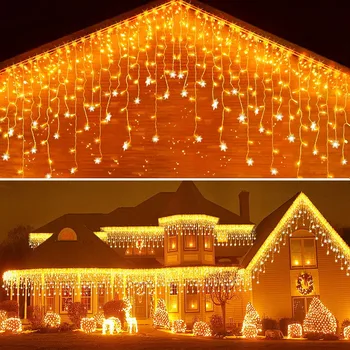 Kalėdų snaigė Varveklių žibintai Lauko dekoracijos LED styginiai žibintai 8 režimai Girliandos užuolaida 20m 864 šviesos diodai Naujųjų metų 2024 dekoras