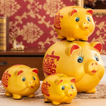 Keraminė kiaulė Piggy Bank santaupos Vestuvės Prabangus kūrybinis ornamentas Auksinė moneta Pinigų dėžutė Paslėpta saugykla Svetainės namų dekoravimas