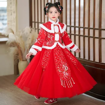 kinų stiliaus sijonas Senovinis kostiumas Super fėja Naujieji metai Hanfu 2023 Raudonos mergaitės Hanfu žieminiai drabužiai Sutirštinti vaikai Tang kostiumas