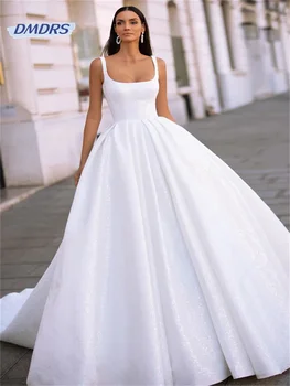 Klasikinė kvadratinio kaklo bako rankovė Vestuvinė suknelė Paprasta A linijos grindų ilgio nuotakos suknelė Elegantiška Vestidos De Novia