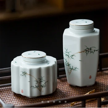 Klasikinės keramikos laikymo skardinės Užsandarintos arbatos skardinės Žydra bambuko lapų dekoravimas Saldainių riešutai Kavos pupelės Nešiojama dėžutė Arbatos priedai
