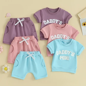 Kūdikių vasaros drabužių rinkiniai Mažyliai Vaikai Mergaitės Laiškų siuvinėjimas Trumpomis rankovėmis Džemperiai Viršutiniai virškučiai +Šortai Naujagimiai Laisvalaikio sportiniai kostiumai