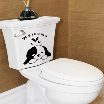 Kūrybingi juodai balti šuniuko sienų lipdukai Animacinių filmų sienų lipdukai Didmeninė prekyba mielu šuniuku PVC vandeniui atsparūs tualeto lipdukai 22x18cm