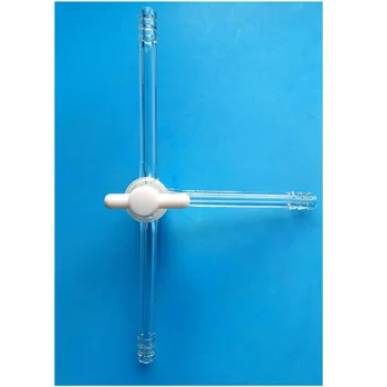 Laboratorinis stiklo adapteris; 3 krypčių T formos čiaupo 9mm žarnos jungtis ; Borosillcation stiklo medžiaga