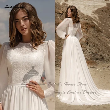 Lakshmigown Pūstomis ilgomis rankovėmis Boho vestuvinės suknelės 2024 Simple Off White Chiffon Beach Vestido De Boda