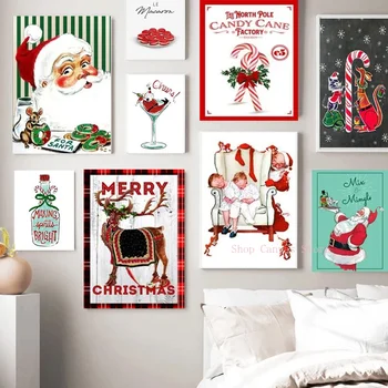 Linksmų Kalėdų dekoracijų Laimingų Naujųjų metų drobės tapyba Kalėdų senelio plakatai HD Spausdinti Sienų iliustracija Paveikslėlis vaikams Kambarys Namų dekoras