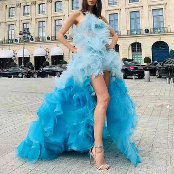 Long Blue Ruffles Prom suknelės moteriai Tiulio be petnešėlės Grindų ilgio aukšto žemo vakaro vakarėlio oficiali proga Svečias 2023 Naujas