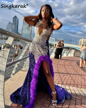 Long Purple Prom suknelės 2024 Blizgučiai Karoliukų kristalai Kalnų krištolas Plunksnos Blizgučiai Juodai merginai Undinėlė Vestuvių vakarėlio suknelė