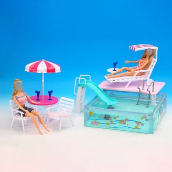 Lėlių aksesuarai Barbės lėlių žaislams baseinas plaukimo baldai skėtis paplūdimio kėdė čiuožykla barbėms lėlių baseino rinkinys