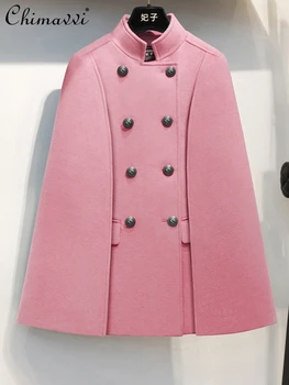 Mada Švelnus vienspalvis stovas Apykaklė Cape vilnonis paltas 2023 Rudens ir žiemos lieknėjimas Retro stiliaus skara Vilnonis paltas