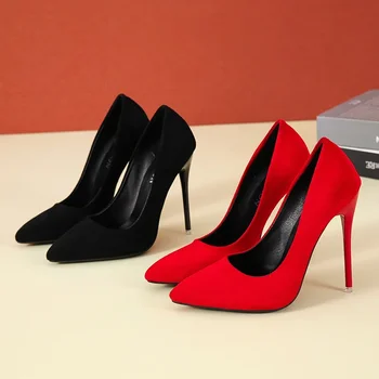 Madingi aukštakulniai Raudona juoda plius dydis 35-45 moteriški batai 12cm Stiletto zomšiniai vestuviniai batai Seksualūs smailaus piršto moteriški vakarėlio batai