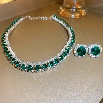 Madingi prabangūs auskarų rinkiniai moterims Žavesys Green Crystal Choker Karoliai Nuotakos vestuvių vakarėlis Papuošalų aksesuarai