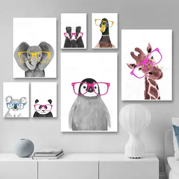 Mados gyvūnai su akiniais Meno drobės paveikslai Vintažiniai plakatai ir spaudiniai Pingvinų žirafa ant sienos Paveikslėliai Namų dekoras