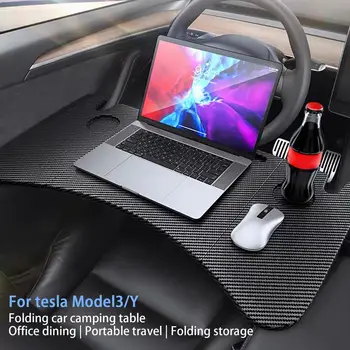 Maisto padėklo stalas Tesla Model 3 Model Y sulankstomas automobilio vairo lentos nešiojamojo kompiuterio sulankstomas stalo laikiklis Valgymo gėrimų dėklo laikiklis
