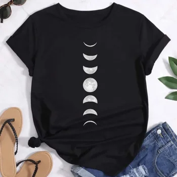 marškinėlių spausdinimas trumpomis rankovėmis Retro universalūs marškinėliai Drabužiai Top Casual Fashion Cartoon Moon Pattern moteriški marškinėliai