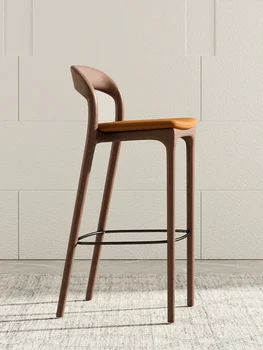 Medžio masyvo baro kėdė namų atlošas aukšta taburetė Moderni paprasta uosio mediena Šiaurietiškos odos baro kėdė kūrybinė baro kėdė