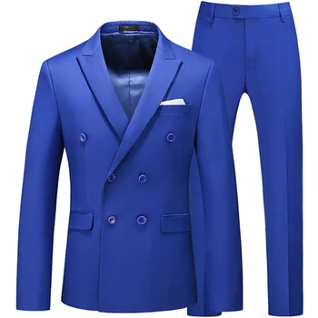 Men's Casual Boutique Business Double Breasted Suit Coat 2 dalių komplektas / Vyriškas Solid Color Slim Fit Blazers Striukės Kelnės Kelnės