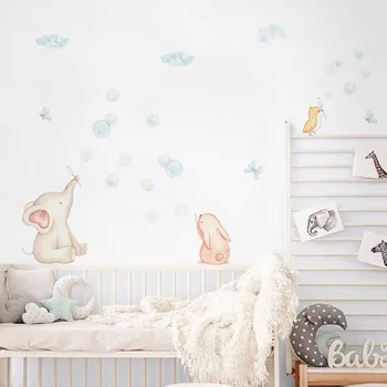 Mergaičių kambario lipdukas Mielas dramblys Pučia burbulus Sienos lipduko menas Vinilo sienų dekoro lipdukas kūdikio miegamajam