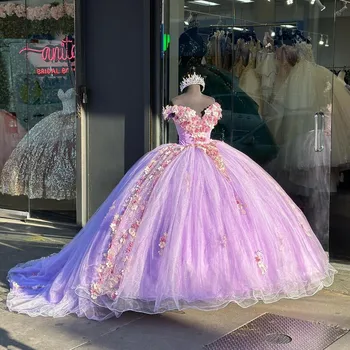 Miela rožinė princesės svarainių suknelė Pūstas sijonas nuo peties 3D gėlių aplikacija Saldus 16 vestidos para 15 Prom Nėriniai aukštyn