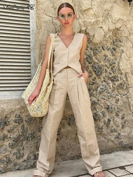 Mnealways18 Khaki Elegant Women 2 Pieces Sets Cotton Linen V-Neck Berankovių liemenės apranga Vasaros atostogų plačių kojų kelnių rinkiniai 2023