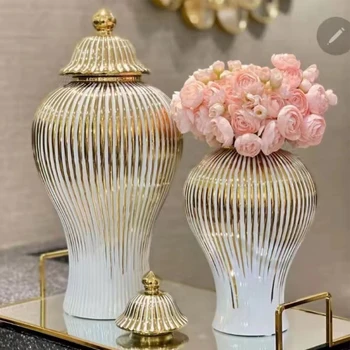 Modernus keraminis imbierinis indelis su dangčiu Šiaurietiškų gėlių vaza Dekoratyvinės vazos svetainei Stalas Puošmena Ornamentinis laikymo indelis