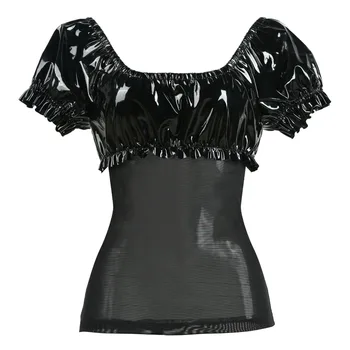 Moteriškas juodas PVC lateksas Top seksualus gotikinis punk dirbtinis odinis tinklelis Sujungtos trumpomis rankovėmis marškinėliai Egzotiškas klubo vakarėlio kostiumas