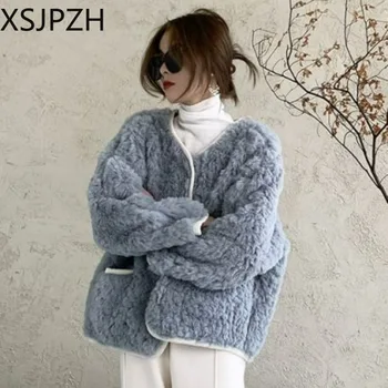 Moteriškas ėriuko vilnos paltas Moteriška striukė Kailis Apvalus kaklas Trumpas drabužis Lady Fashion paltas Ekologiška žiema Nauja 2023