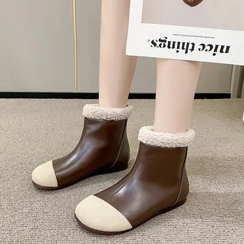 Moteriški batai 2023 Retro susiuvimo rudi batai Moteriški laisvalaikio neslystantys plokšti trumpi batai Žiemos mados batas su užtrauktuku Botas De Mujer