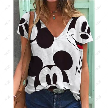 Moteriški marškinėliai Disney Mickey Mouse Print marškinėliai Top Girls Y2k Drabužiai Vasariniai marškinėliai trumpomis rankovėmis Trišakiai V formos kaklas Laisvalaikio šventiniai marškinėliai