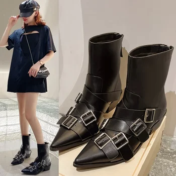 Moteriški smailių kojų kulkšnies batai 2024 Nauja diržo sagties puošmena Pu odos susiliejimas Retro trumpo kulno batai Zip Fashion Boots