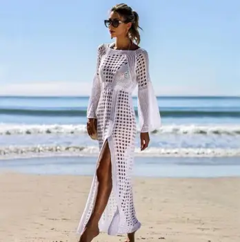 Moteriškos megztos varpelio rankovės Tuščiavidurės paplūdimio ilgos Maxi suknelės šoninės padalintos suknelės