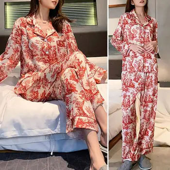 Moteriškos pavasarinės pižamos gėlių atspaudas Moteriškos pižamos rinkinys Stilingi vienpusiai namų drabužiai su laisvu atlapu pavasariui/rudeniui