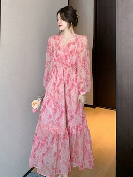 Moterys 2023 Pavasario vasaros gėlių spauda Šventė Suknelė aukštu juosmeniu Moteriška V formos kaklas Rožinė saldi šifono raukinio torto suknelė Prom Vestidos
